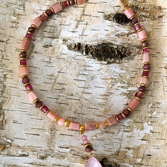Natural Genuine Pink Opal & Pink Glass in GP Necklace w/ Powder Pink Crystal - Picture 8 of 10